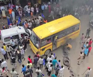  A school bus ran over burning tires
